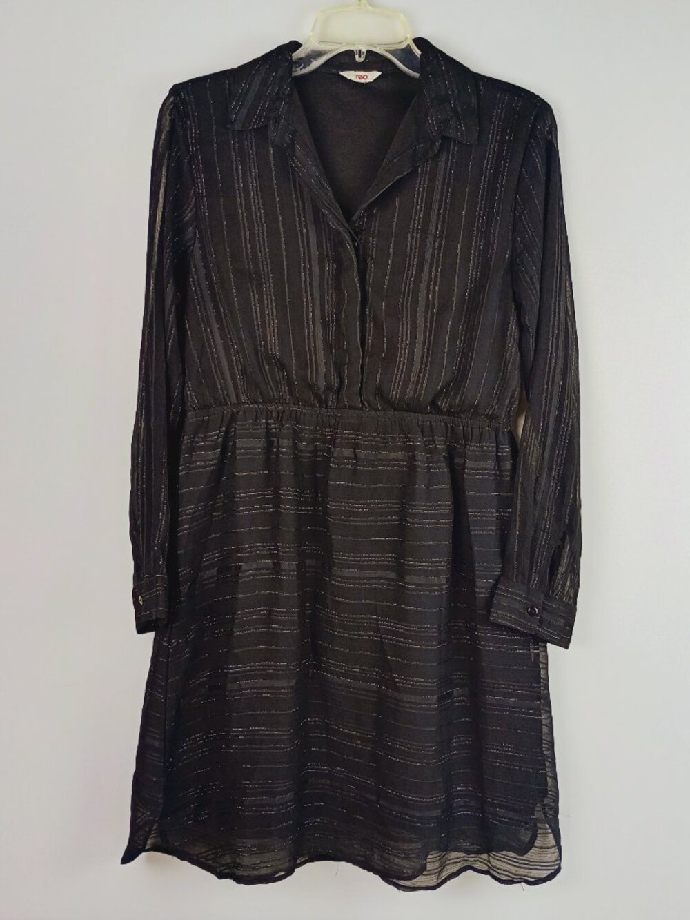 Reo Womens M Black Silver Metallic Thread Long Sleeve Collared Sheer Lined Dress